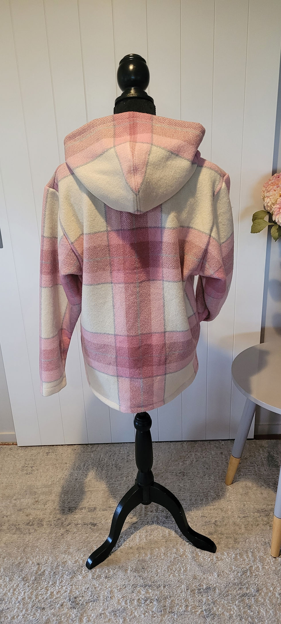 Thumbnail: Back view of pink plaid Charlie coat on a mannequin