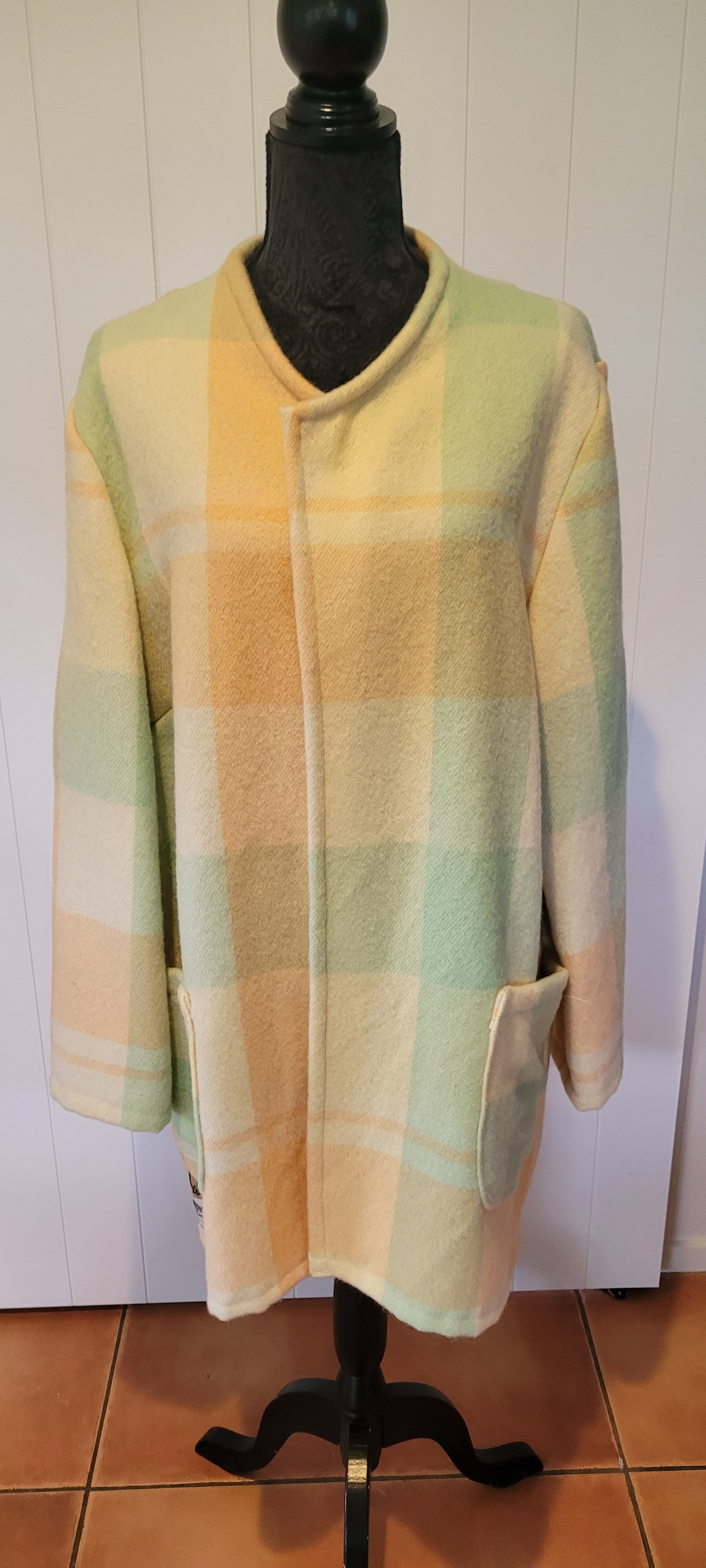 Phoebe Coat XLarge in pastel plaid on a mannequin