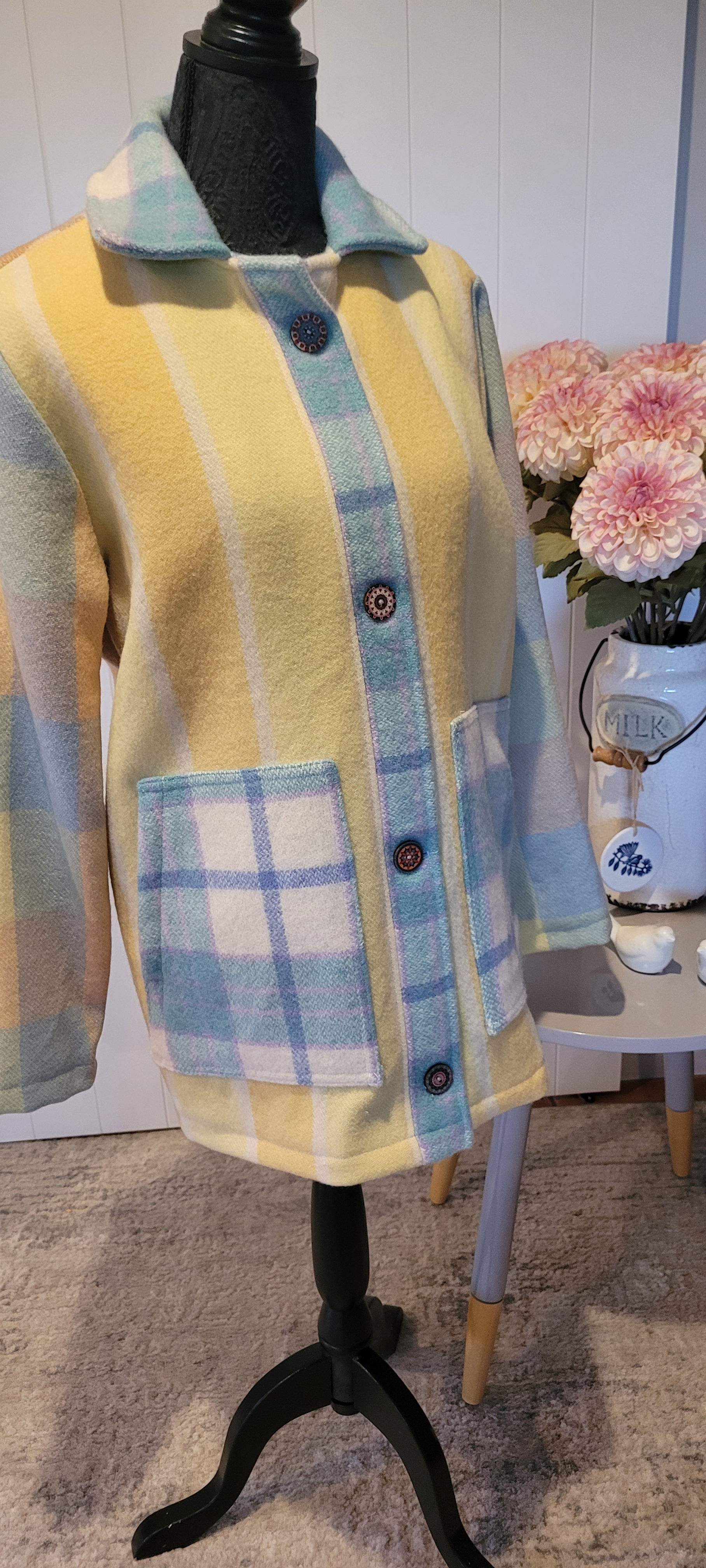Small Margot Coat in yellow and blue plaid with buttons