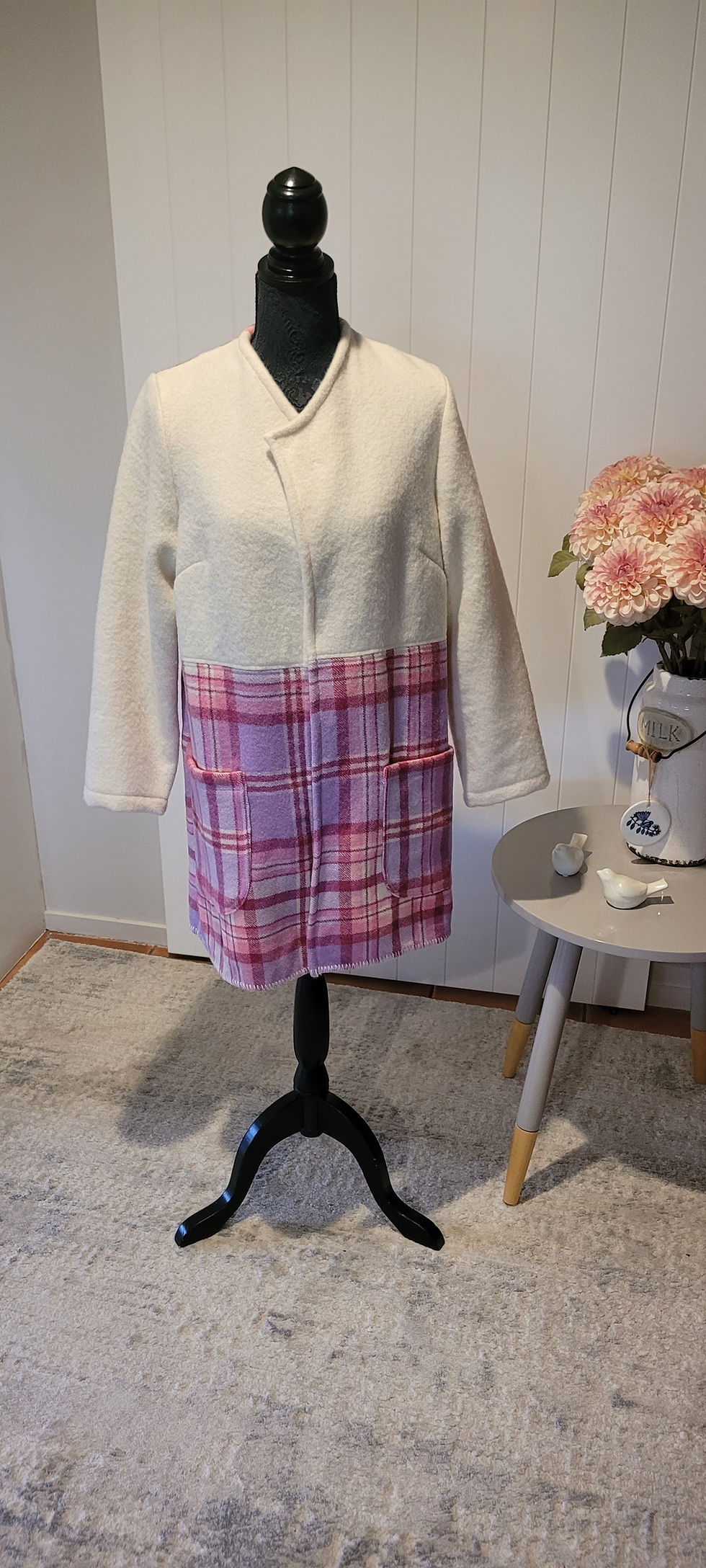 Small Phoebe Coat with white top and pink plaid bottom