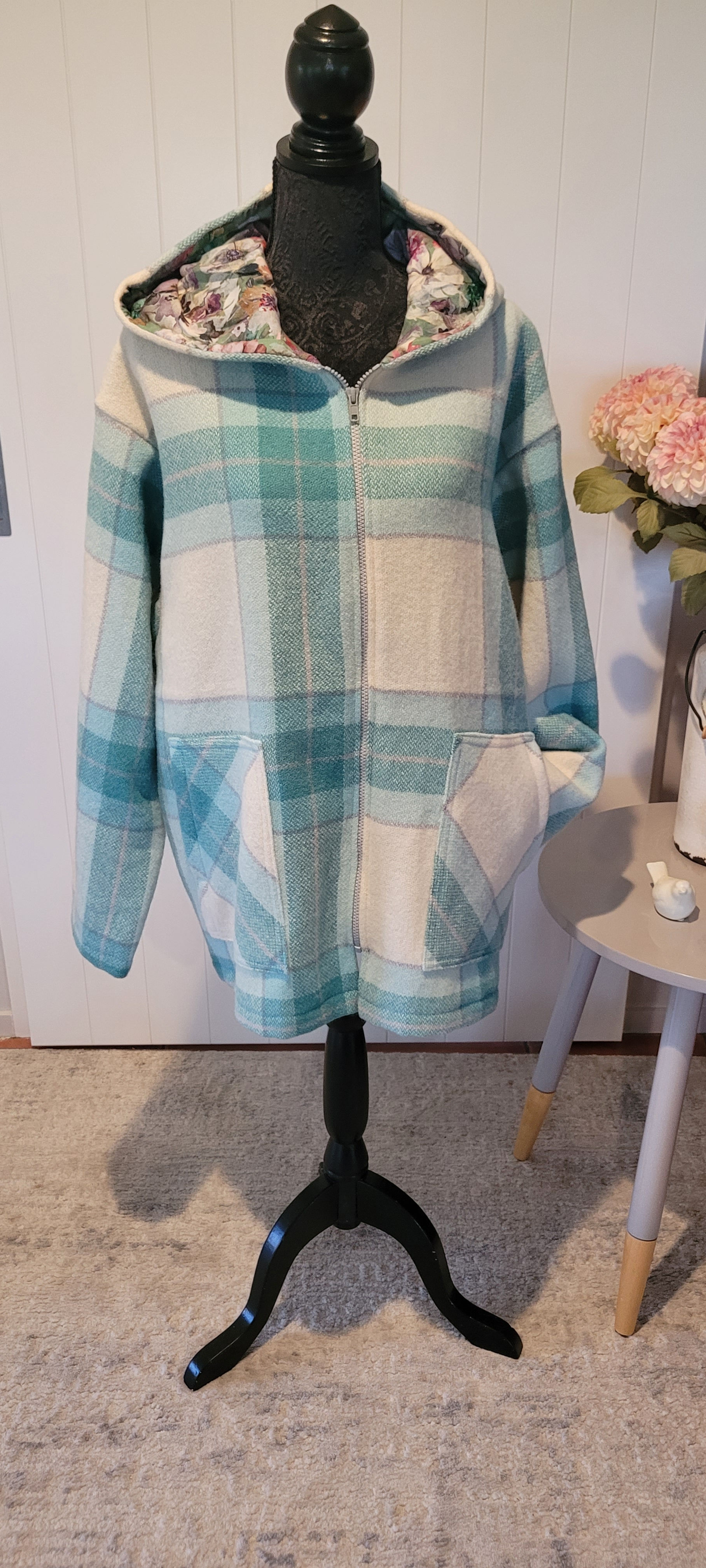 Charlie Coat - XLarge in teal and white plaid pattern