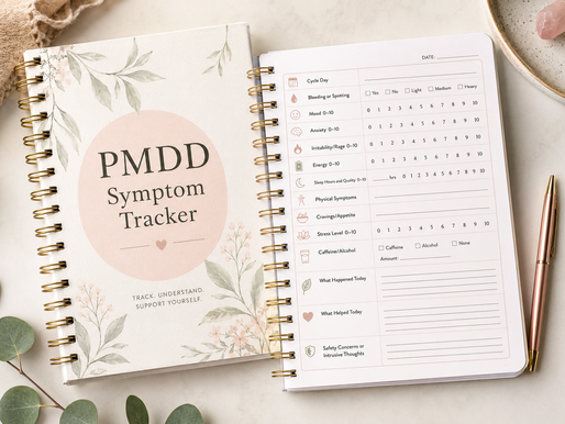 pmdd symptom tracker diary opwn with check boxes scaled 0-10 and the day of the cycle