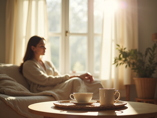 A woman sits on a couch in a monochromatic background. She is infront of a curtained window with sheer drapes allowing sunlight to fall gracefully on her  shoulders. Her look is pensive, thoughtful. In the forground and in focus are two cups, one a coffee mug and one a tea cup on a saucer. They are placed ona woven tray on top of a wood table. There is a fluffy blanket and potted plant in the background and the woman is wearing a robe. 