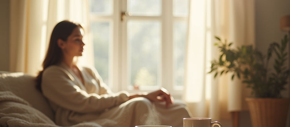 A woman sits on a couch in a monochromatic background. She is infront of a curtained window with sheer drapes allowing sunlight to fall gracefully on her shoulders. Her look is pensive, thoughtful. In the forground and in focus are two cups, one a coffee mug and one a tea cup on a saucer. They are placed ona woven tray on top of a wood table. There is a fluffy blanket and potted plant in the background and the woman is wearing a robe.