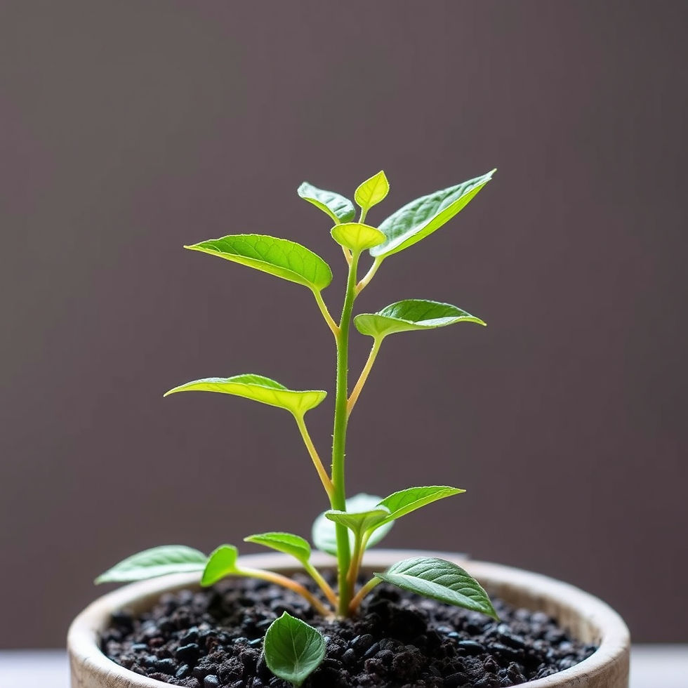 a small green plant is emerging into the light from a brown terracotta pot.