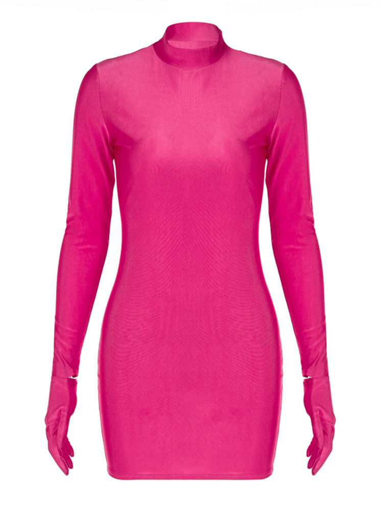 Thumbnail: Solid Long Sleeve With Gloves Mini Dress Bodycon Sexy Streetwear Party Half Turt