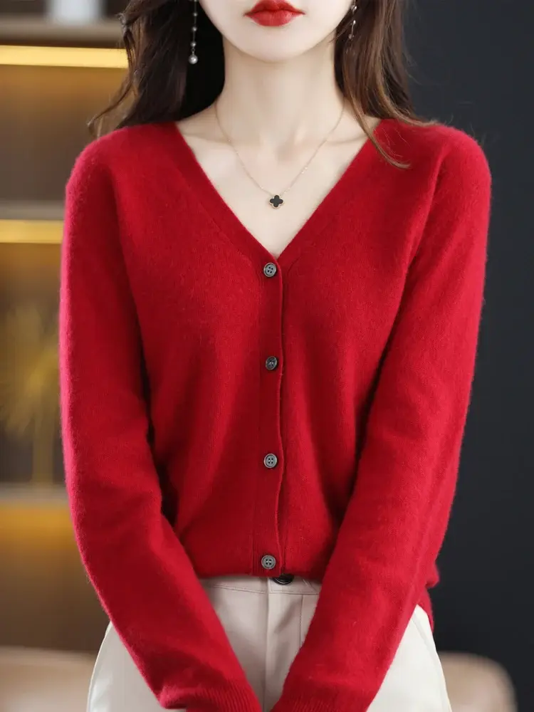 Women Cardigans V-neck Long Sleeve Knitted Outerwear Solid Thin Spring Autumn Sw