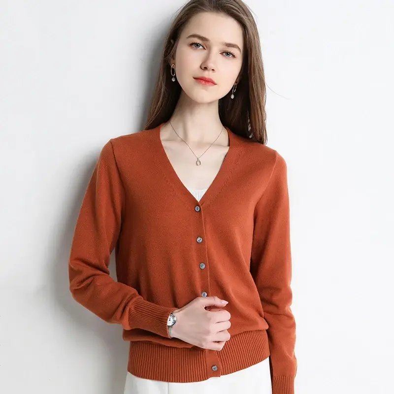 Thumbnail: Women Cardigans V-neck Long Sleeve Knitted Outerwear Solid Thin Spring Autumn Sw