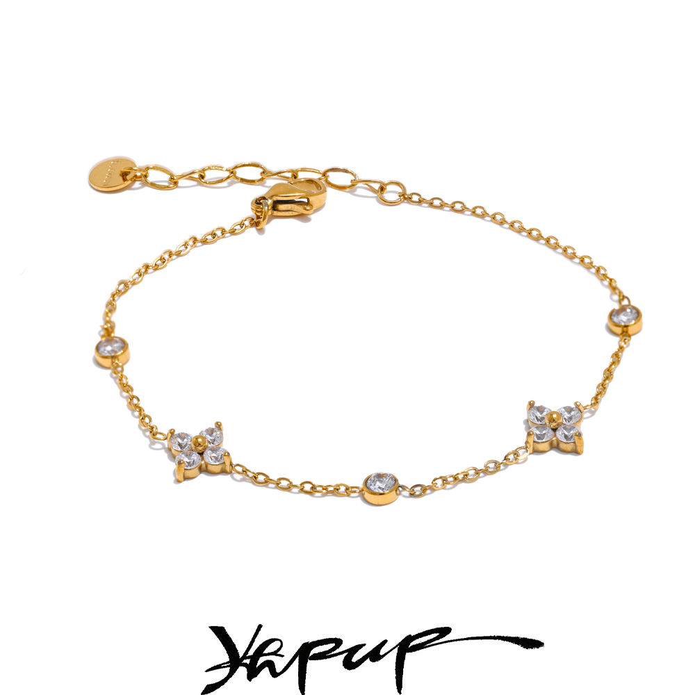 Yhpup Delicate Cubic Zirconia Flower Chain Thin Bracelet Bangle Stainless Steel 
