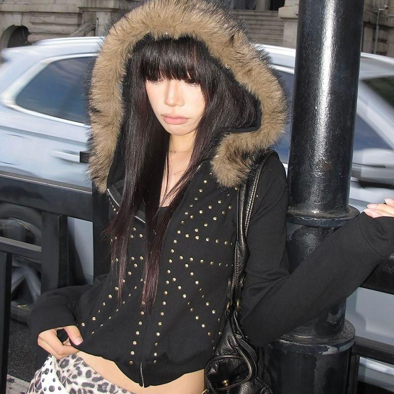 Thumbnail: Y2K Spicy girl style plush hooded short zipper sweatshirt Studded white cropped 