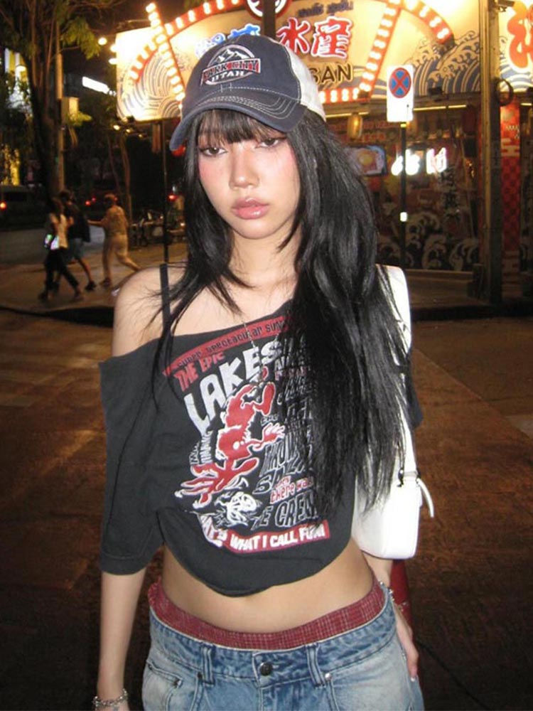 Thumbnail: Gothic Tee Y2k Letter Print Off Shoulder Punk T-shirts Women Harajuku Summer Str