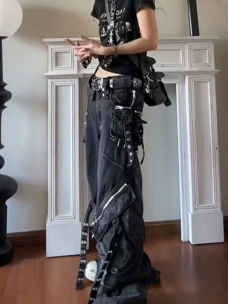 Thumbnail: Black Gothic Punk Multi-Pocket Zipper Black Jeans Men And Women Y2K American Bag