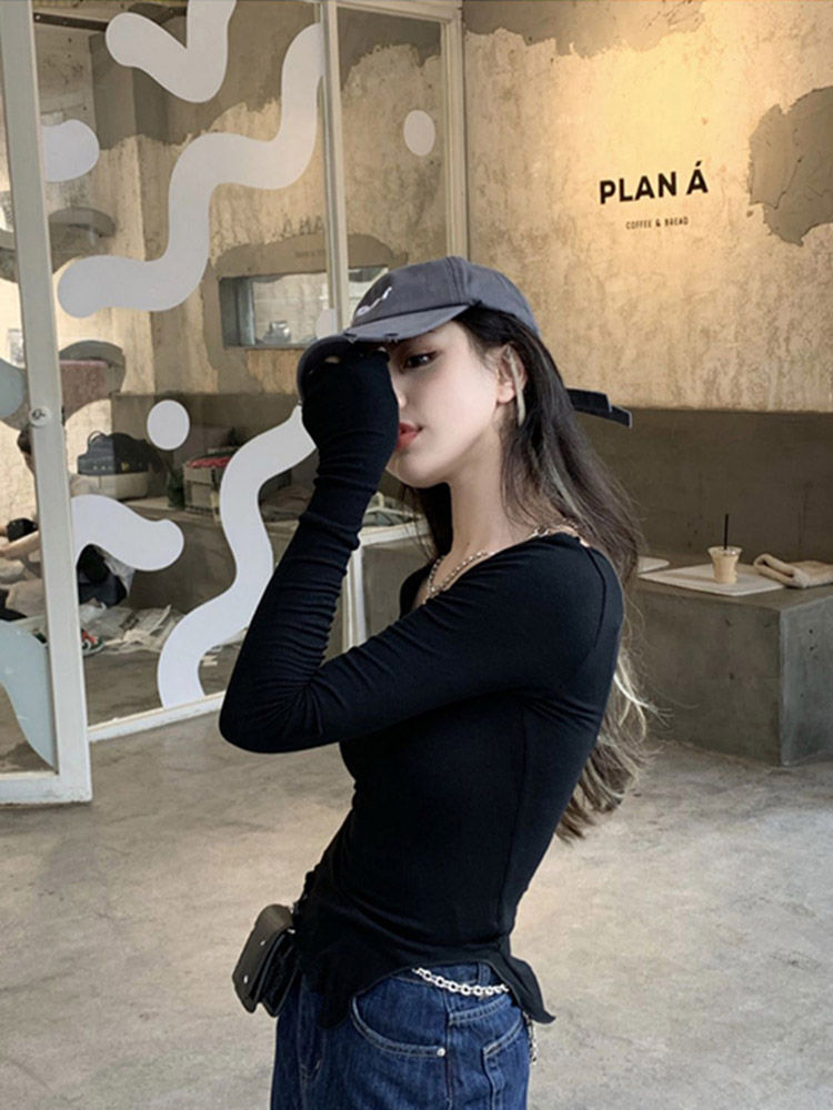 Thumbnail: Long Sleeve T-shirts Women Fungus Line Irregular Hem Knitted Slender Autumn Bott