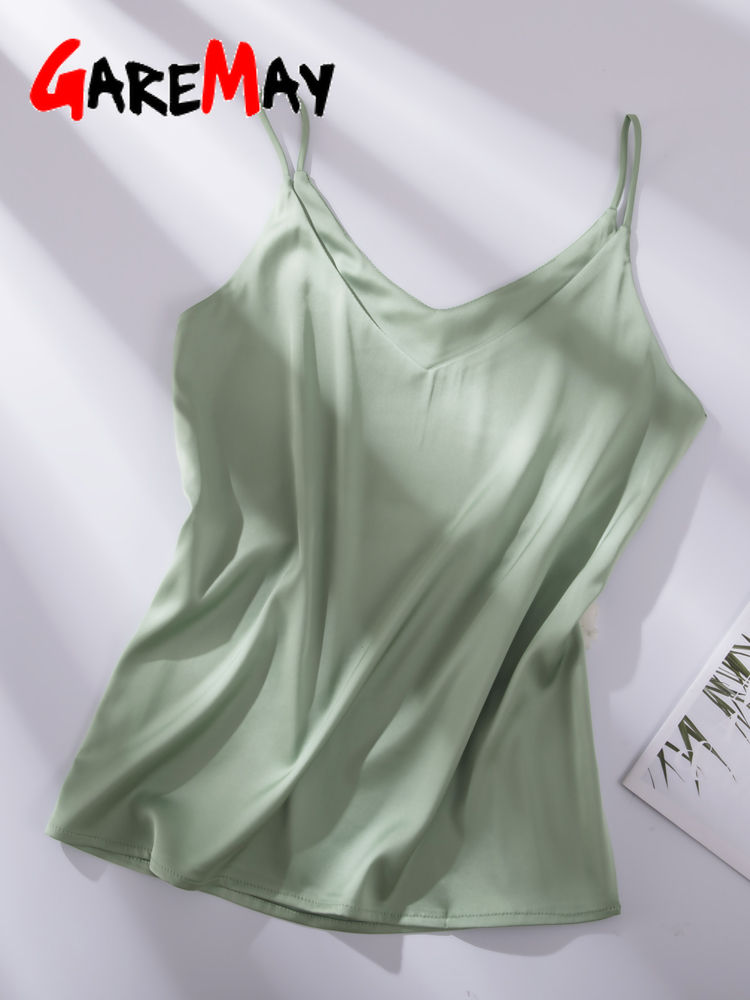Thumbnail: Spaghetti Strap Top Women Halter V Neck Basic  White Cami Sleeveless Satin Silk 