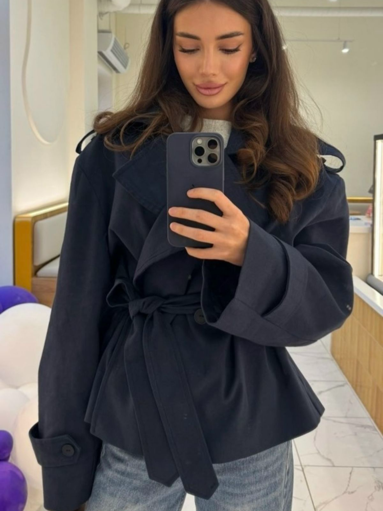 Women's Lapel V Neck Trench Coat Long Sleeve Slim Fit Jacket With Belt Commuter 