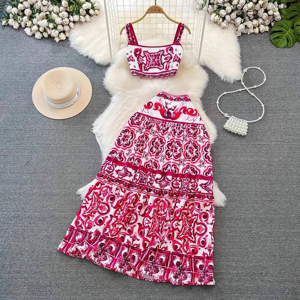 Thumbnail: JAMERARY Summer Runway Blue And White Porcelain Two Piece Set Women Flower Print