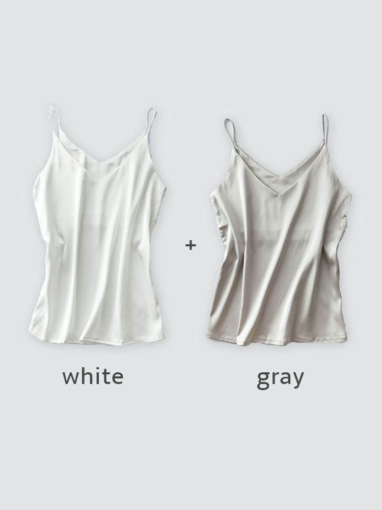 Thumbnail: Spaghetti Strap Top Women Halter V Neck Basic  White Cami Sleeveless Satin Silk 