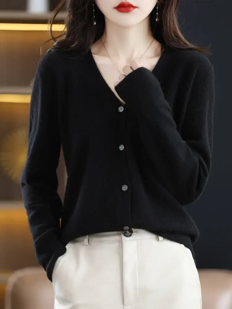 Thumbnail: Women Cardigans V-neck Long Sleeve Knitted Outerwear Solid Thin Spring Autumn Sw