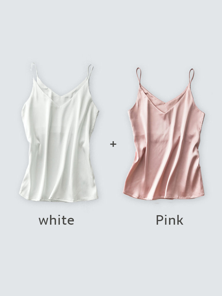 Thumbnail: Spaghetti Strap Top Women Halter V Neck Basic  White Cami Sleeveless Satin Silk 