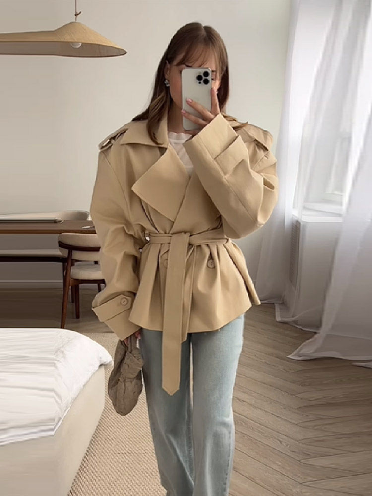 Thumbnail: Women's Lapel V Neck Trench Coat Long Sleeve Slim Fit Jacket With Belt Commuter 