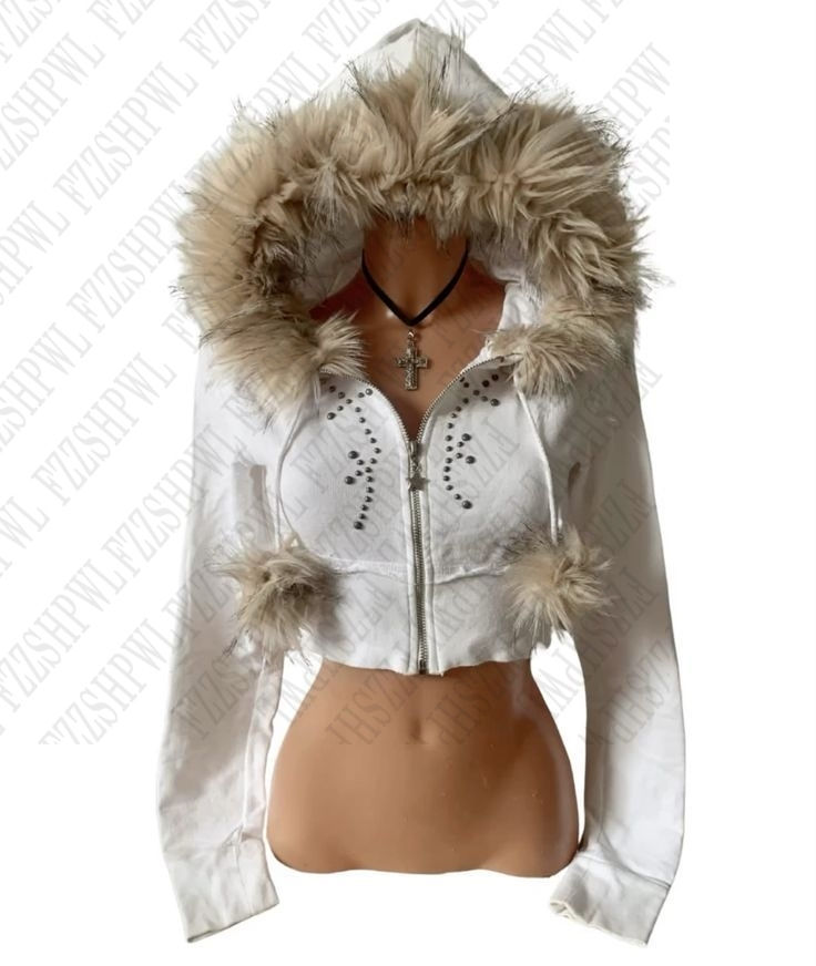 Thumbnail: Y2K Spicy girl style plush hooded short zipper sweatshirt Studded white cropped 