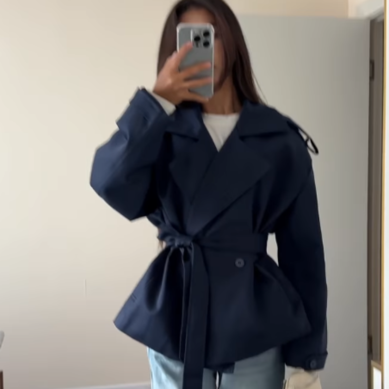 Thumbnail: Women's Lapel V Neck Trench Coat Long Sleeve Slim Fit Jacket With Belt Commuter 