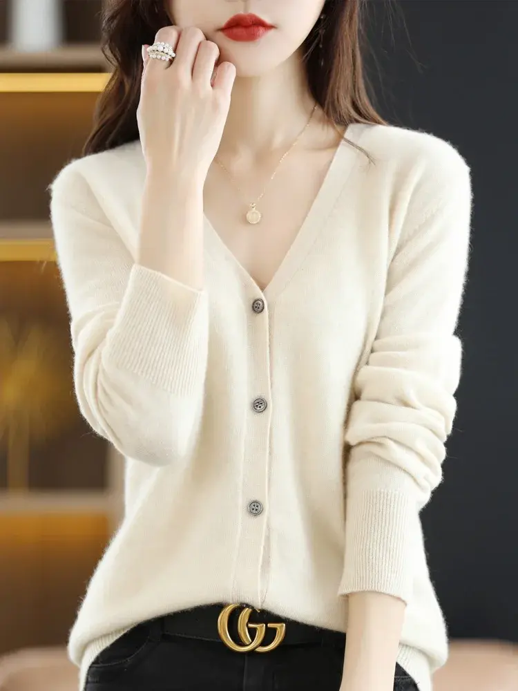 Thumbnail: Women Cardigans V-neck Long Sleeve Knitted Outerwear Solid Thin Spring Autumn Sw