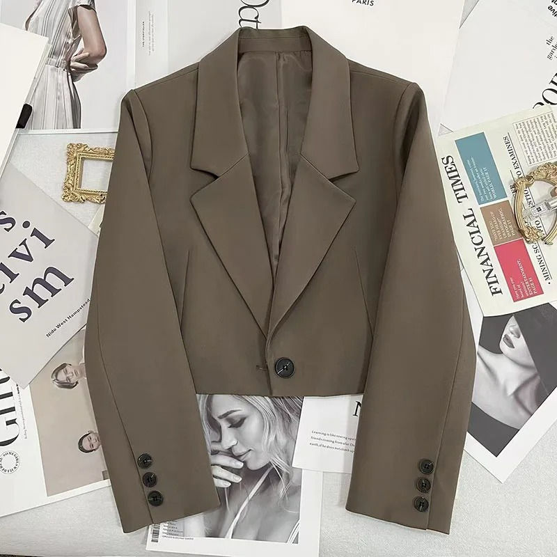 Thumbnail: Black Cropped Blazers Woman Trend 2024 New All-match Notched Collar Crop Jacket 
