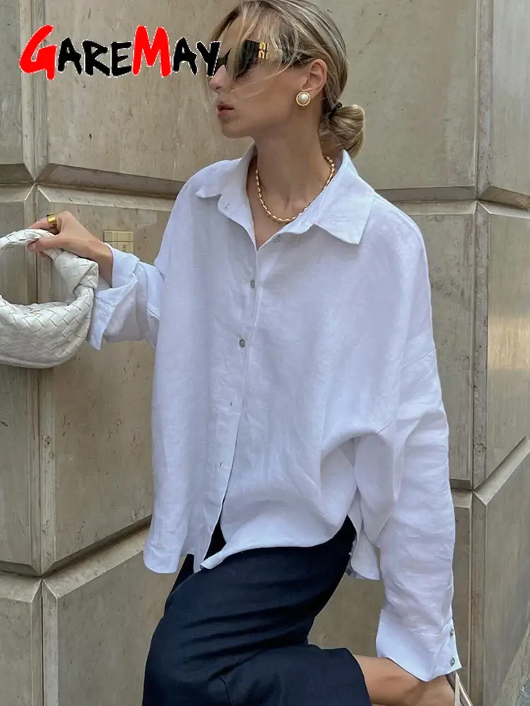 Thumbnail: White Women's Linen Shirt Long Sleeve Elegant Pink Oversize Blouse Vintage Sprin