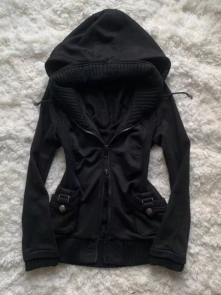 Gothic Black Hoodie Women American Retro 90s Punk  Pocket Multifunctional Patter