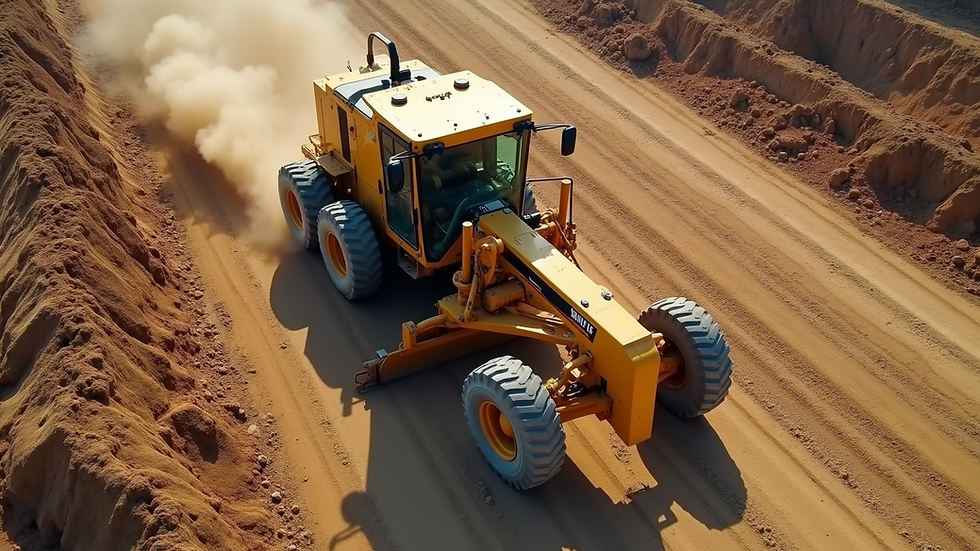 High angle view of a motor grader smoothing a construction site