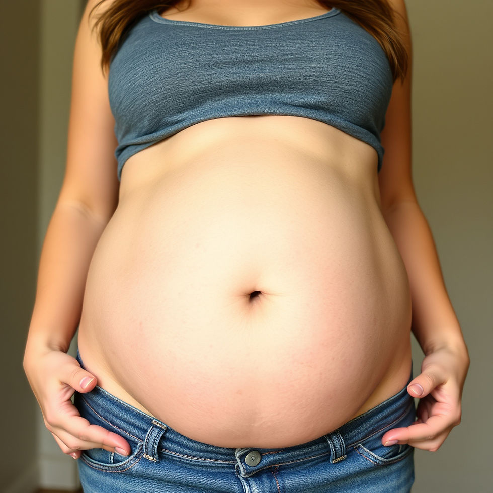 A women showing her bloated stomach.