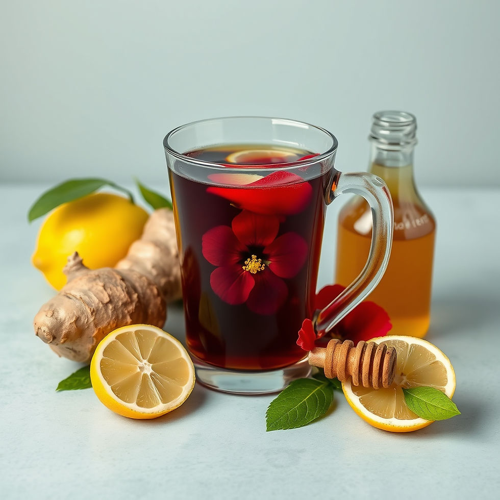 A glass filled with red liquid with a single hibiscus flower inside and a lemon cut in half, around the glass is other ingredients, a ginger root, more lemons, another hibiscus flower and a glass jar of honey, also a honey stick. These objects are on white surface with white background