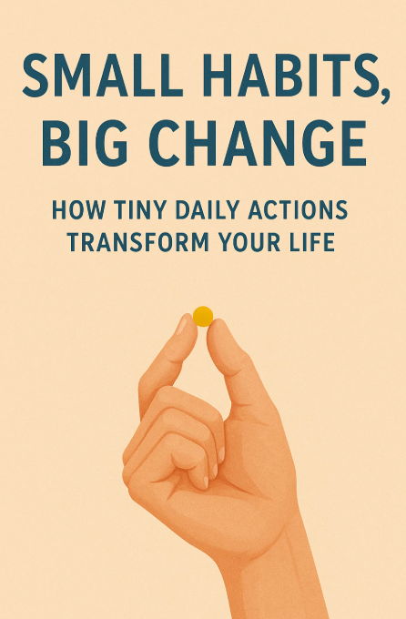 A poster style image with big text : SMALL HABITS, BIG CHANGE, HOW TINY DAILY ACTIONS TRANSFORM YOUR LIFE. With a drawing of a hand holding a pill.