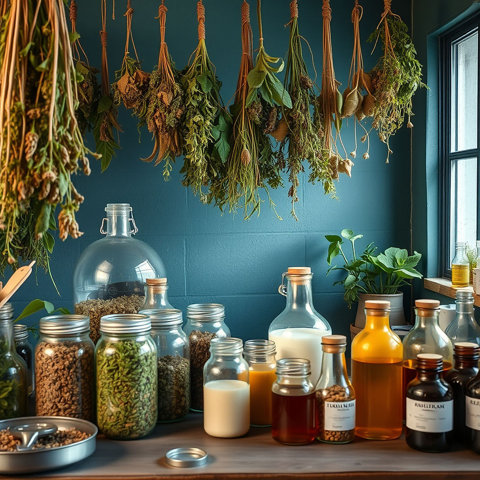a lab where theres lots of herbal medicine, oil extraction kits, hanging dried herbs.jpg