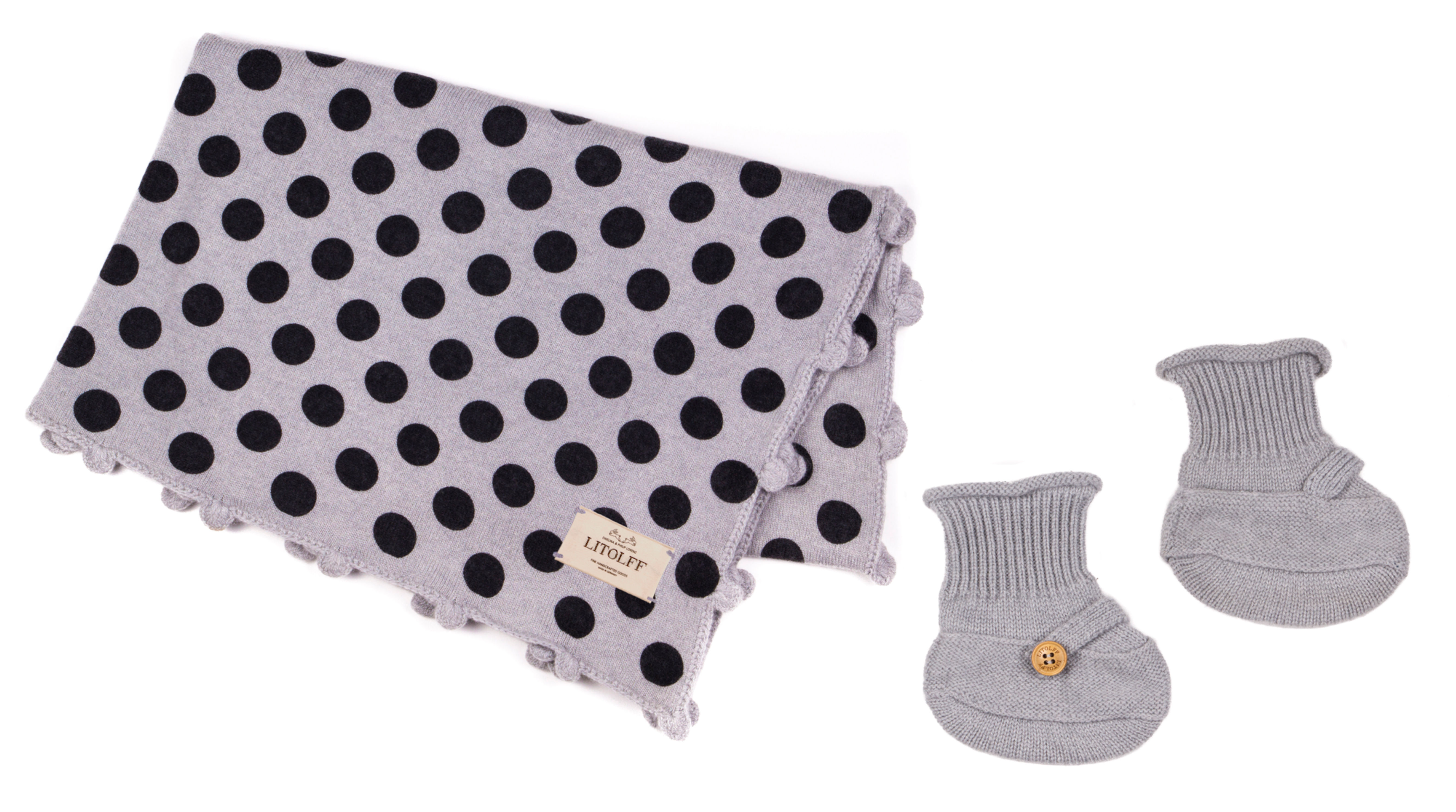 CASHMERE BLANKET DOTS & SOCKS 2 pcs"grey-hand crochet"