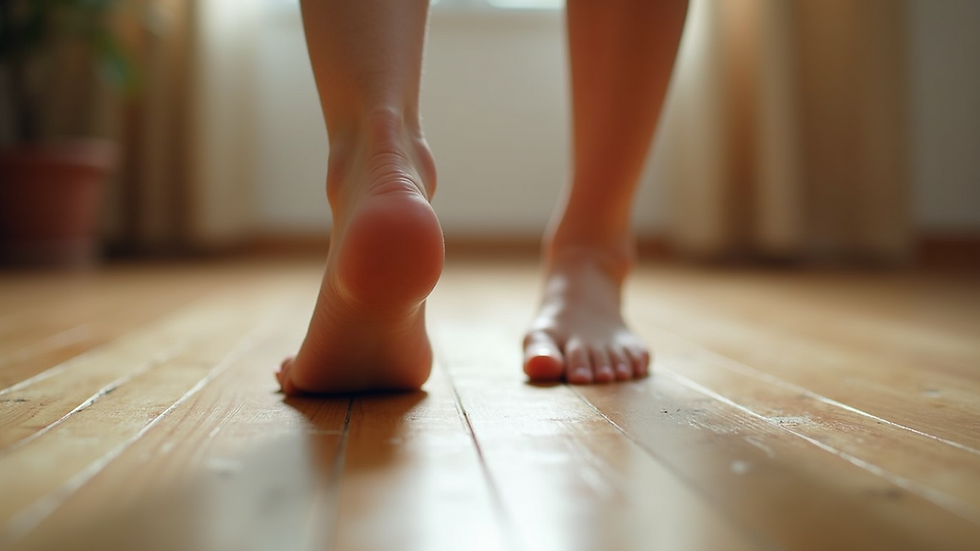 Close-up of feet softly stepping on a wooden floor during mindful walking