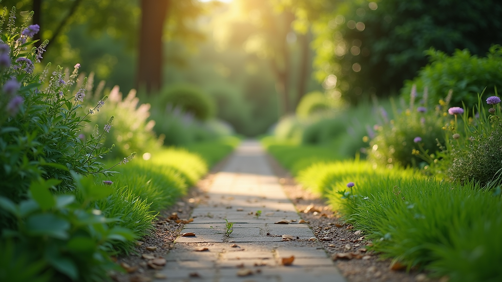Eye-level view of a peaceful garden path surrounded by greenery
