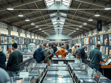 Große Messehalle mit hohen Stahlträgern und Oberlichtern, in der zahlreiche Menschen zwischen langen Tischreihen voller Schallplatten stöbern. An den Wänden hängen dicht an dicht Plattencover, während Händler und Besucher in einer geschäftigen, lebendigen Atmosphäre miteinander sprechen und nach Musik suchen.