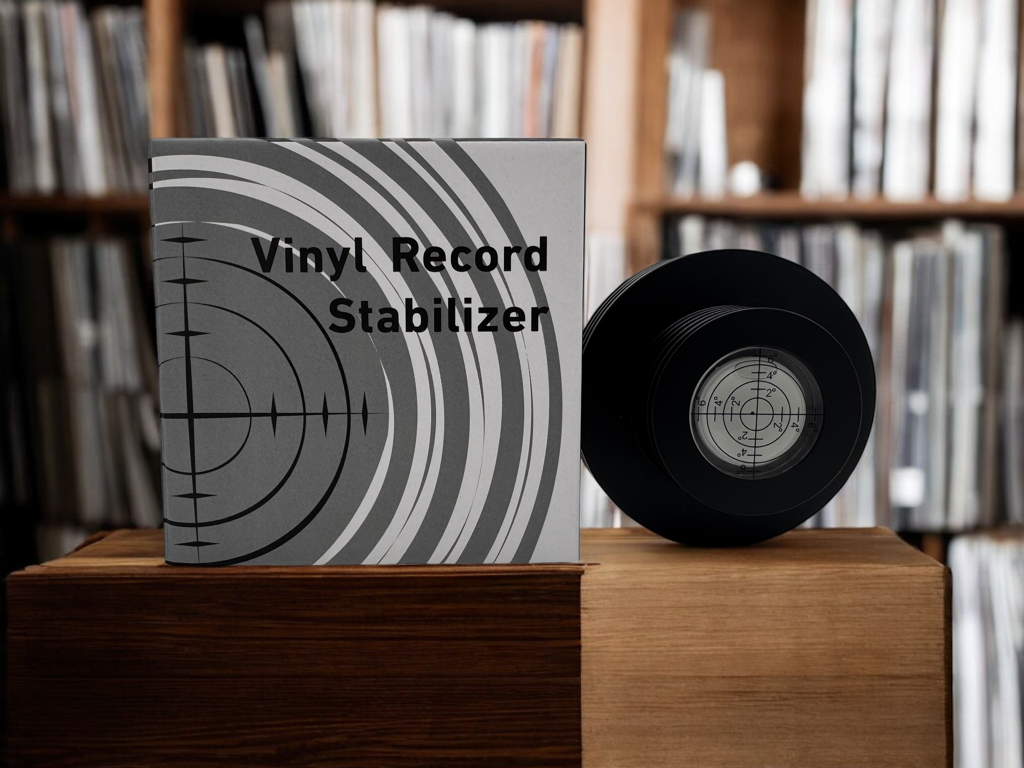 Schwarzes Plattengewicht mit integrierter Wasserwaage auf einem Plattenspieler. Hochwertiger Record Clamp