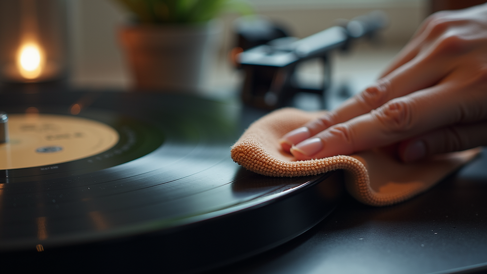Close-up view of a vinyl record being cleaned with a microfiber cloth