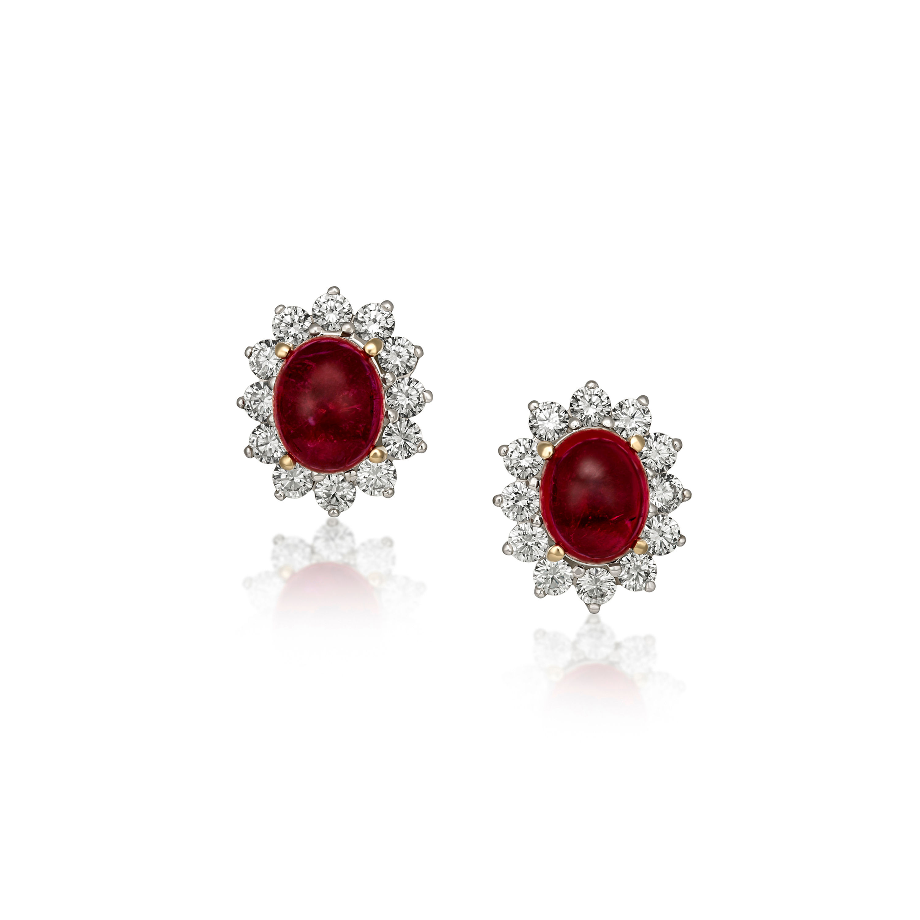 Cabochon red Tourmaline & Diamond cluster earrings