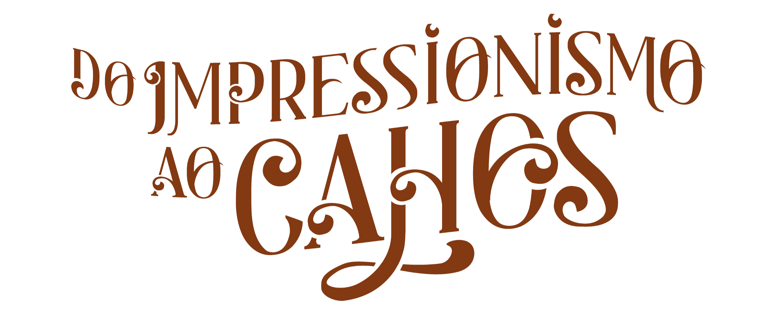 Texto castanho Curso Impressionismo ao Cahos em fundo preto, com pontos coloridos.