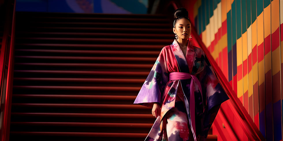 Mulher em quimono colorido posando em escadas com parede vibrante.