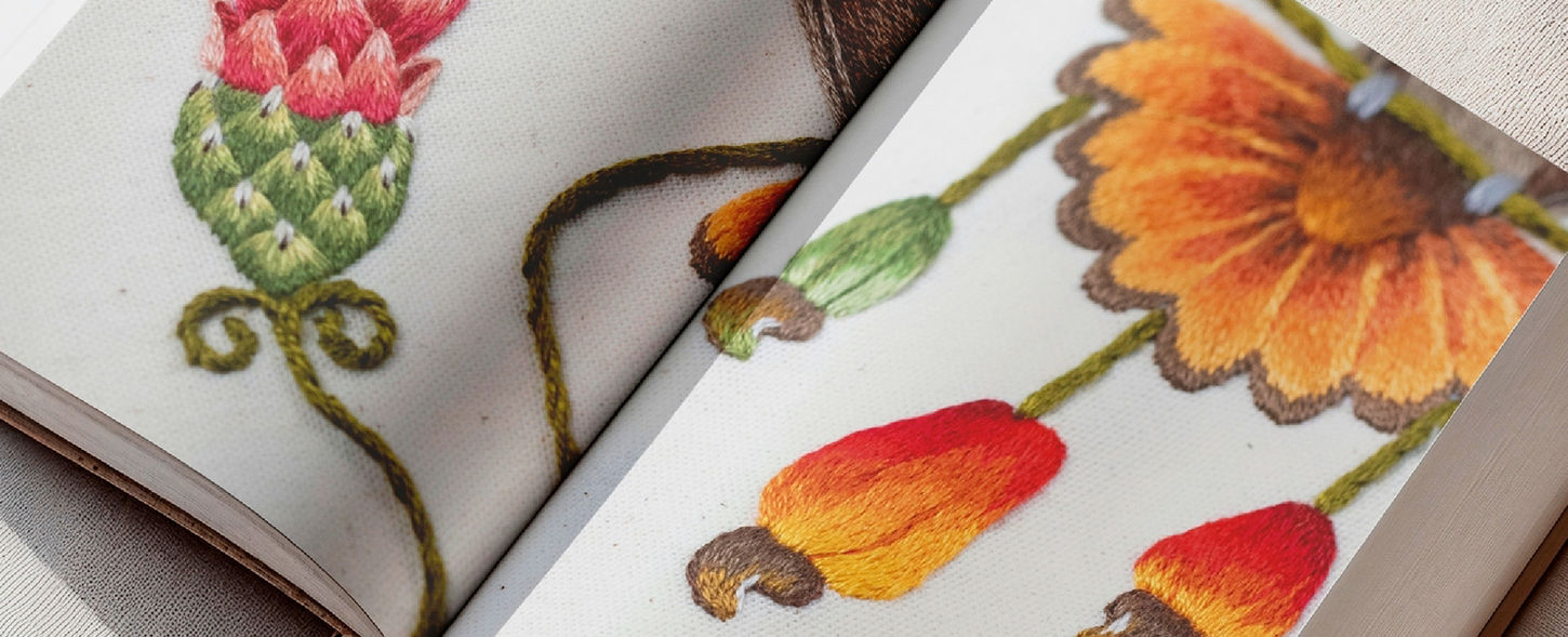 Livro aberto com ilustração de beija-flor e flores coloridas em detalhes