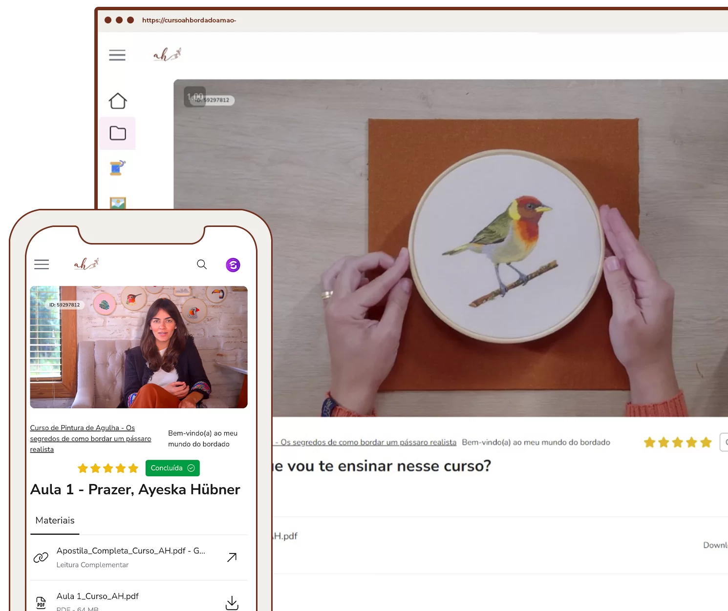Ayeska Milner demonstrates embroidery on screen, including text, Curso Pintura de Agulha.