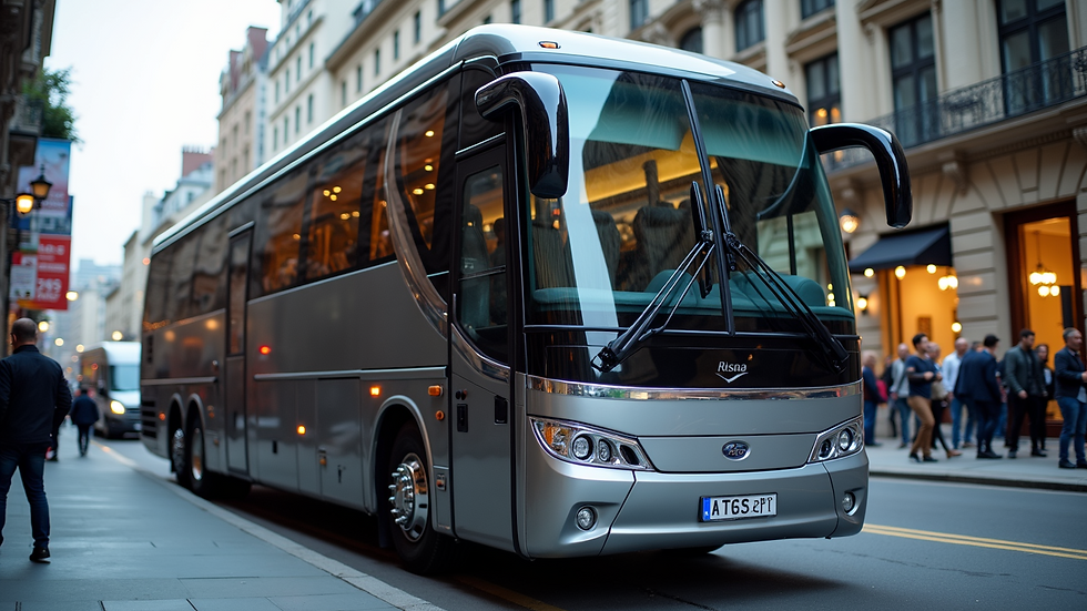 High angle view of a luxury coach bus parked at a city event location