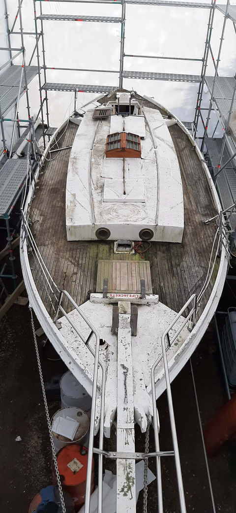 Sail Barbary undergoing restoration in dry dock