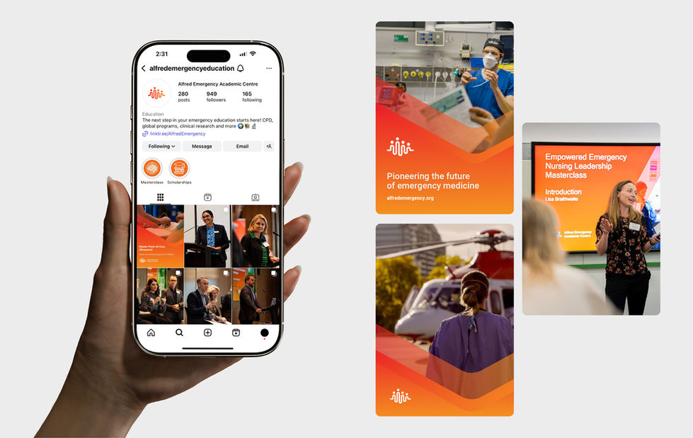 A hand holding a smartphone displaying AEAC social media content, shown alongside a collage of branded promotional images.
