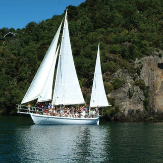 The Barbary electric yacht sailing past the Māori Rock Carvings